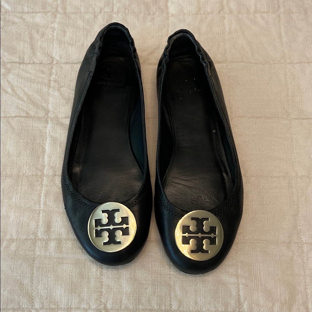 Tory Burch Black Leather Flats with Gold Logo